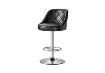 Black quilted leather bar stool with chrome adjustable height mechanism and circular footrest base