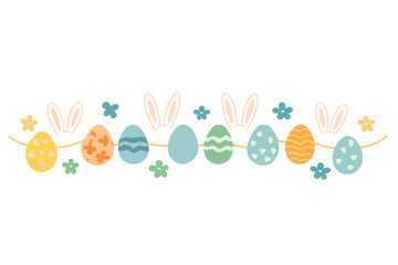 Festive spring garland border with colorful patterned Easter eggs, small flowers, and hidden bunny ears
