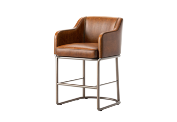 Cognac brown leather counter stool with curved armrests, modern metal base, luxurious upholstery detail, isolated on a transparent background