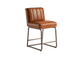 Tan leather counter-height bar stool with vertical channel tufting, metal sled base frame, isolated on a transparent background