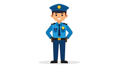 Obraz premium Smiling cartoon illustration of a police officer in uniform. Officer is standing with hands on hips, wearing a hat