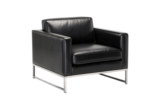 Modern black leather armchair with chrome metal frame, clean lines and minimalist cubic design