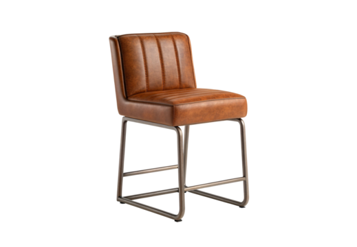 Tan leather counter-height bar stool with vertical channel tufting, metal sled base frame, isolated on a transparent background