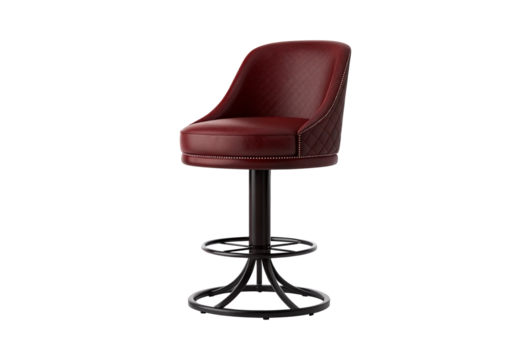 Burgundy leather swivel bar stool with quilted diamond pattern, nailhead trim, black pedestal base, footrest, isolated on a transparent background