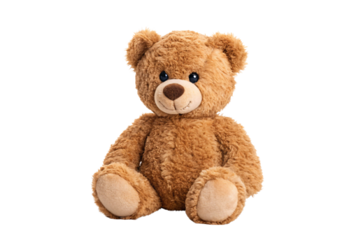 Cuddly caramel-colored stuffed bear with rounded ears, embroidered smile, classic toy design, front facing view, isolated on a transparent background