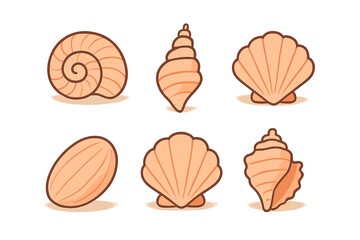 Six stylized seashell icons in warm beige tones for coastal design elements