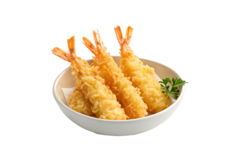 Crispy breaded tempura prawns with exposed tails served in white shallow bowl dish, isolated on a transparent background