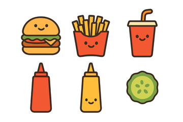 Cute smiling fast food meal set with hamburger french fries soda and condiments