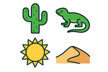 Stylized icons representing desert elements like cactus, lizard, sun, and sand dune
