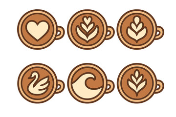 Six stylized coffee latte art icons featuring heart swan wave and leaf designs