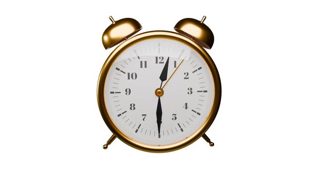 gold analog alarm clock 3d animation on a white background, 12am to 1 pm