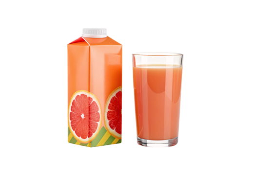Grapefruit juice carton and glass filled with fresh pink citrus beverage drink refreshment, isolated on a transparent background