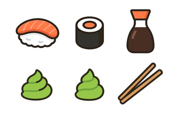 Japanese sushi food elements set including nigiri, maki roll, soy sauce, wasabi, and chopsticks