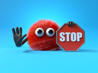 Fluffy, cute monster holding a stop sign, symbolizing caution or halting. 3D rendering, conceptual image. Isolated on white background.