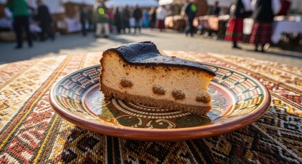 A delicious slice of cheesecake with a graham cracker crust sits on a decorative plate, presented at an outdoor market stall with blurred people and tents in the background