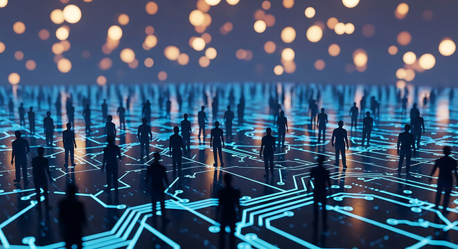 Abstract network of people silhouettes connected by glowing lines. Digital data flows between individuals in a futuristic grid. Business or social connections networking, digital systems, AI, teamwork