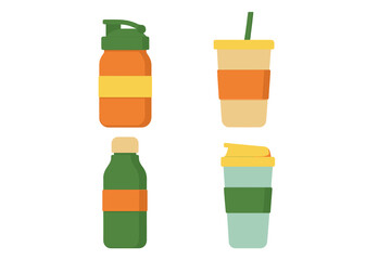 Set of four reusable drink containers including water bottle and travel mugs
