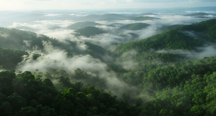 Aerial view of lush green mountains shrouded in morning mist and fog, a serene landscape.