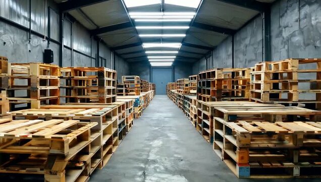 Organized Warehouse Aisle Lined with Stacks of Empty Wooden Pallets Under Skylights