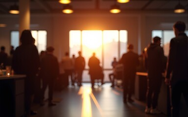 Open door to a coworking space, blurred silhouettes of people during a hackathon , concept of Community engagement. High quality