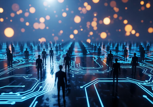 Abstract network of people silhouettes connected by glowing lines. Digital data flows between individuals in a futuristic grid. Business or social connections networking, digital systems, AI, teamwork