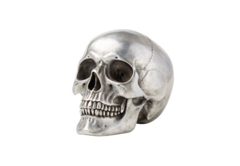 Realistic silver human skull with detailed bone structure and weathered aged appearance, isolated on a transparent background