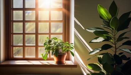 light filtering through a window onto a potted plant