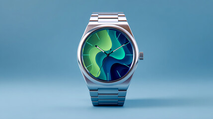 A stainless steel watch with green and blue gradient wave patterns on the face
