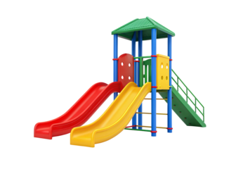 Colorful playground structure with green roof, blue posts, red and yellow slides, climbing ladder, transparent background