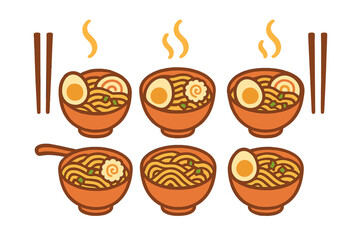 Steaming bowls of ramen noodles with various toppings and chopsticks
