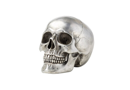 Realistic silver human skull with detailed bone structure and weathered aged appearance, isolated on a transparent background