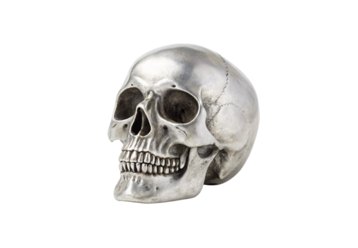Realistic silver human skull with detailed bone structure and weathered aged appearance, isolated on a transparent background