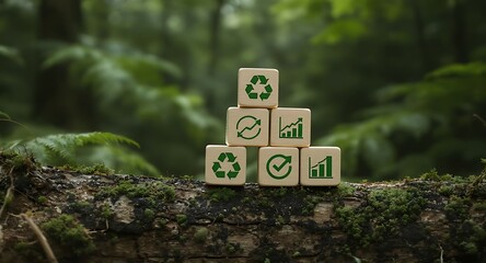 Eco-Friendly Wooden Blocks Displaying Recycling and Sustainability Symbols in Nature.