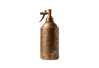 Decorative bronze spray bottle with embossed floral daisy pattern, trigger mechanism, ornate metallic finish, transparent background
