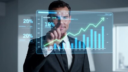 Focused Businessman Examining Transparent Display with Blue Statistical Data in Modern Office with Natural Lighting - Powered by Adobe