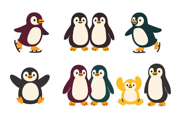 Collection of cute cartoon penguins in various poses and colors