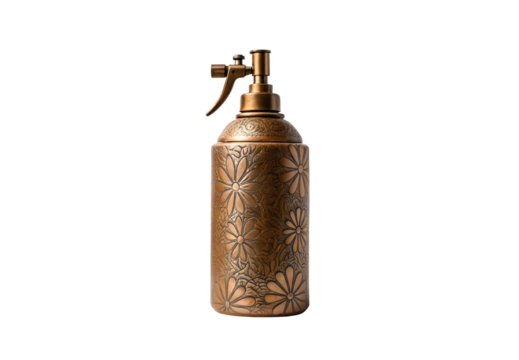 Decorative bronze spray bottle with embossed floral daisy pattern, trigger mechanism, ornate metallic finish, transparent background