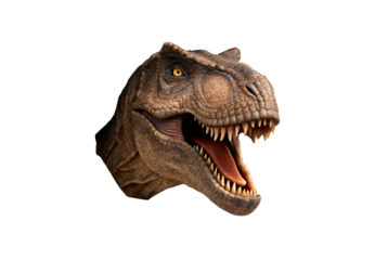 Detailed T-Rex dinosaur head portrait, brown reptilian skin texture with amber eyes and intimidating sharp teeth, isolated on a transparent background