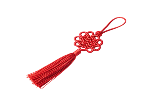 Red Chinese knot ornament with tassel, traditional decorative hanging charm with intricate woven pattern design, isolated on a transparent background