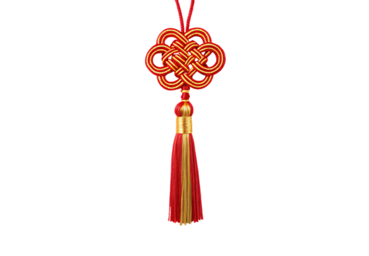 Red and gold Chinese knot ornament with dual-tone tassel, traditional decorative lucky charm hanging display, isolated on a transparent background