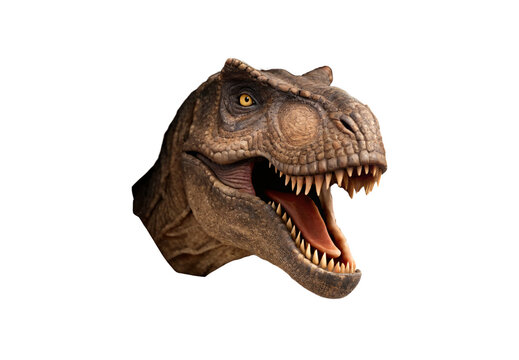 Detailed T-Rex dinosaur head portrait, brown reptilian skin texture with amber eyes and intimidating sharp teeth, isolated on a transparent background