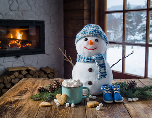 Cozy winter scene with a snowman, a cup of hot chocolate with marshmallows, and a warm fireplace