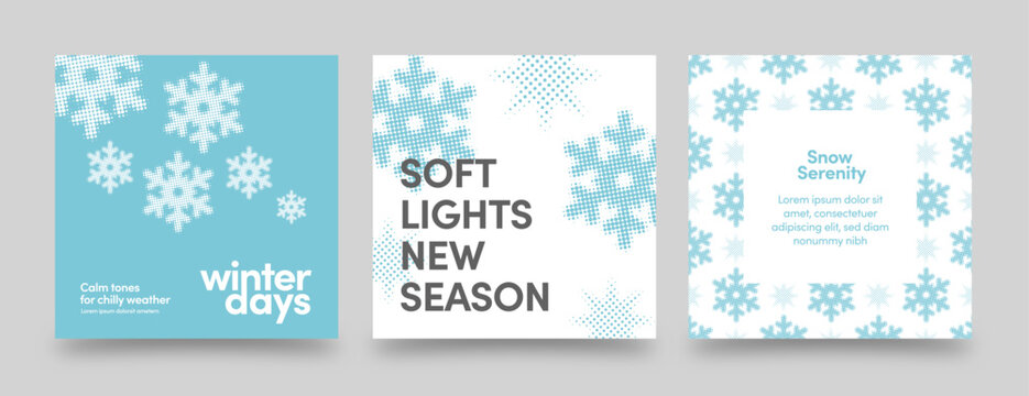 Winter Snowflake Vector Layouts — Blue and White Minimalist Social Media Poster Templates