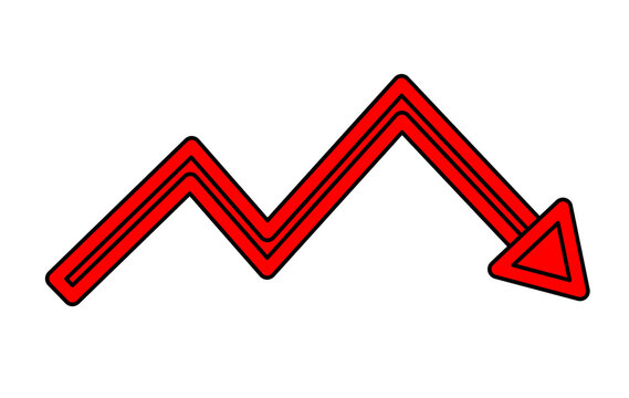 Red zigzag downward arrow with black outline symbolizing decline, loss, and negative trend for business, finance, and infographic design