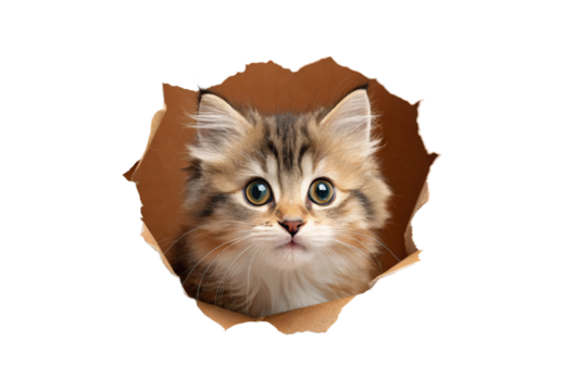 Fluffy longhaired kitten emerging from cardboard tear, striped grey brown fur, innocent look, whiskers prominent, playful pose, isolated on a transparent background - Powered by Adobe