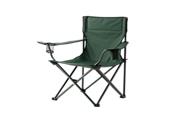 Dark green camping chair, folding design, cup holder attachment, mesh pocket, metal frame, armrests extended, portable outdoor seating, isolated on a transparent background