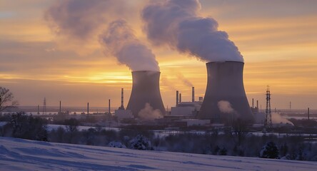 Industrial Power Plant Cooling Towers Releasing Steam Against Sunset Sky.