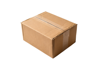 Cardboard box sealed with tape, ready for shipping or storage purposes, isolated on a transparent background