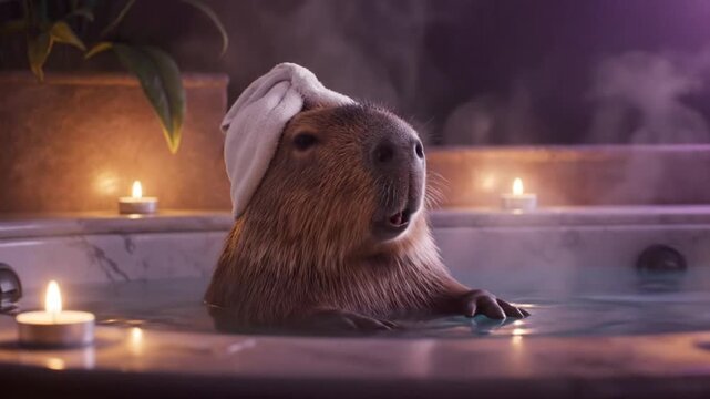 capybara spa day relaxation hot tub bath towel