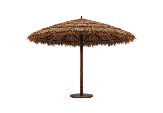 Thatched palm umbrella with natural woven material and wooden pole stand, isolated on a transparent background